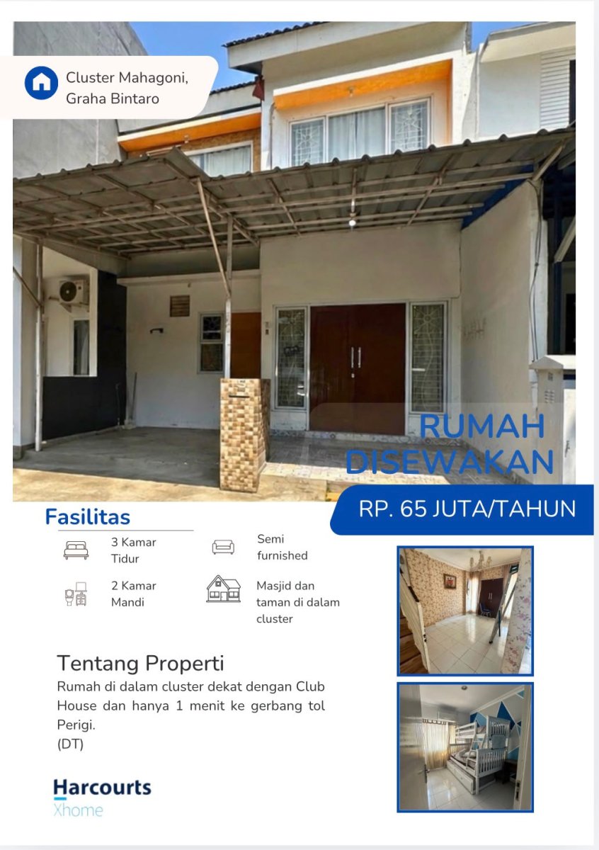 Disewakan Rumah, 2 Lantai, di Cluster Mahagoni Bintaro Tangsel